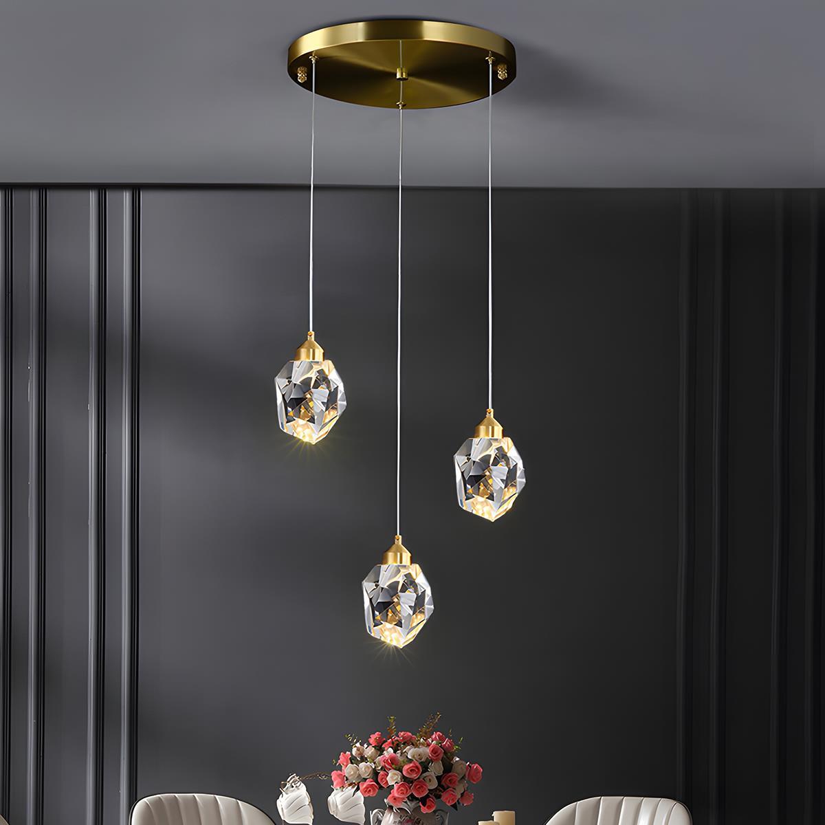 Brass Crystal Pendant Light Dimmable, Modern Luxury Chandelier - Hanging Ceiling Light for Dining Room Kitchen Island Foyer