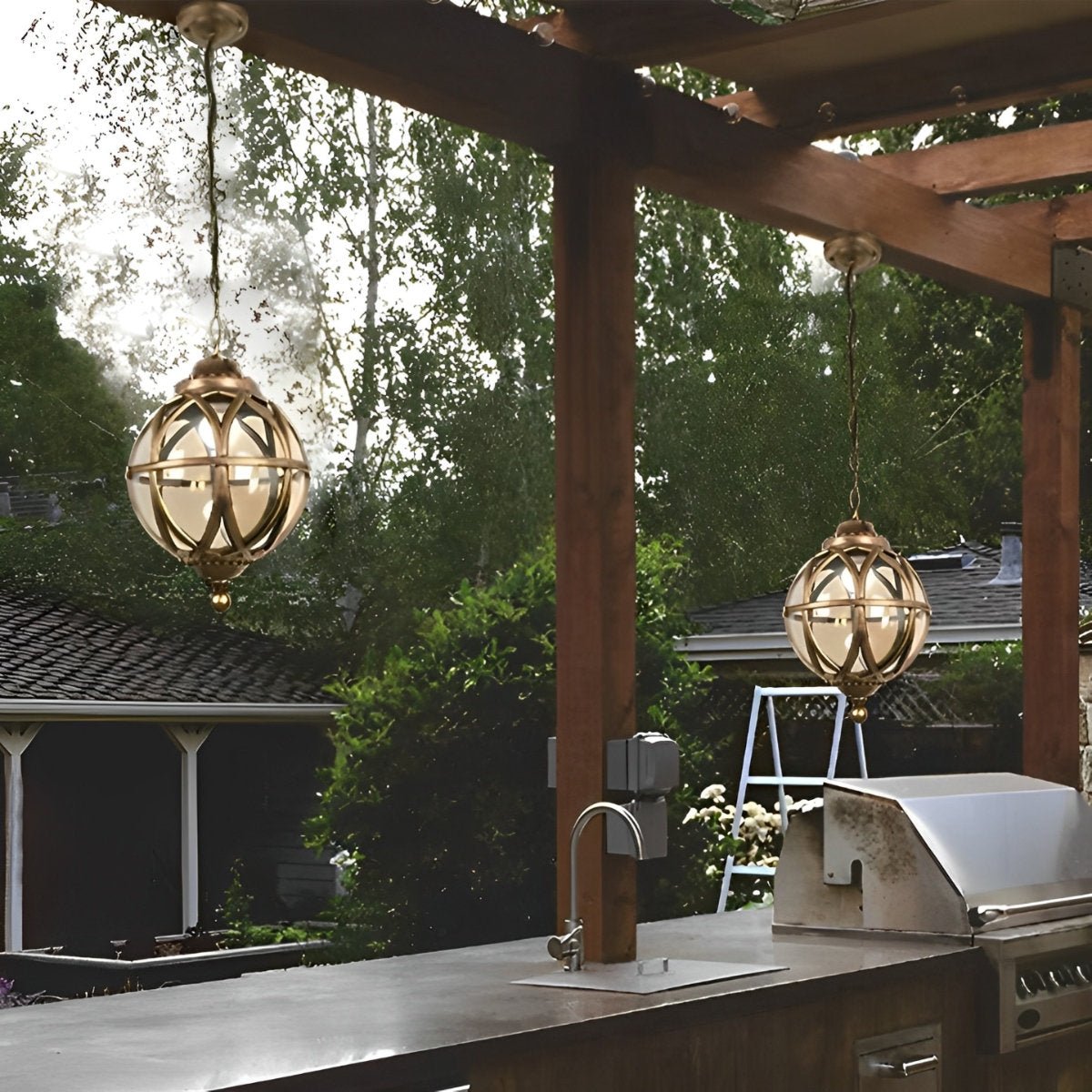 Outdoor Chandelier Light Waterproof, Aluminum Glass Ball Pendant - Adjustable Hanging Ceiling Light for Porch Gazebo Patio