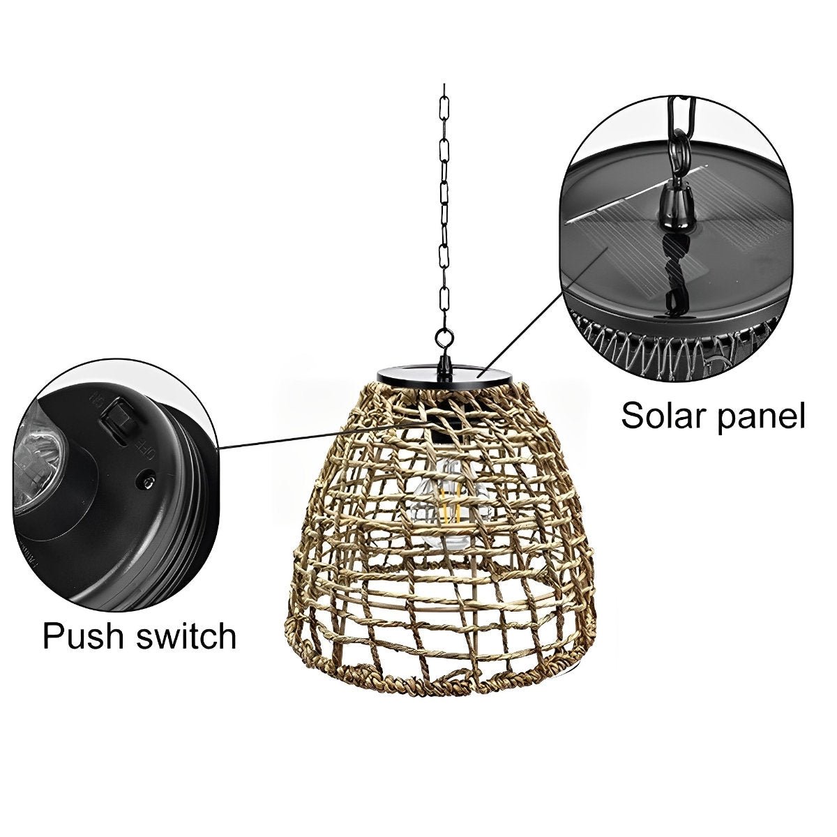 Solar Outdoor Pendant Light Waterproof, Rattan Bell Hanging Lantern - Decorative Garden Patio Lighting for Gazebo Porch Balcony