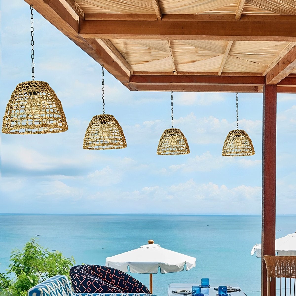 Solar Outdoor Pendant Light Waterproof, Rattan Bell Hanging Lantern - Decorative Garden Patio Lighting for Gazebo Porch Balcony