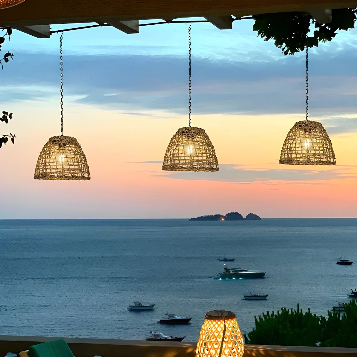 Solar Outdoor Pendant Light Waterproof, Rattan Bell Hanging Lantern - Decorative Garden Patio Lighting for Gazebo Porch Balcony