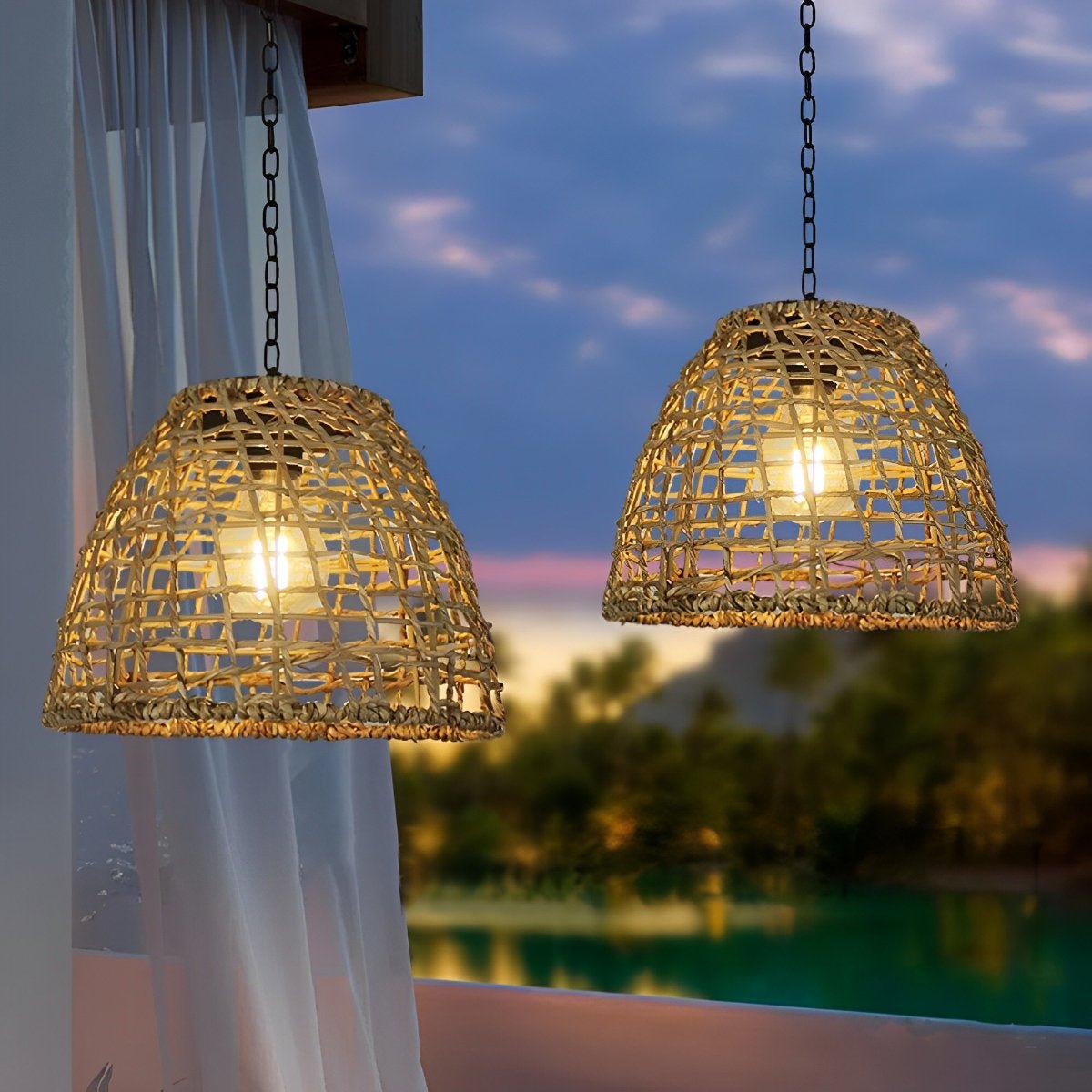 Solar Outdoor Pendant Light Waterproof, Rattan Bell Hanging Lantern - Decorative Garden Patio Lighting for Gazebo Porch Balcony