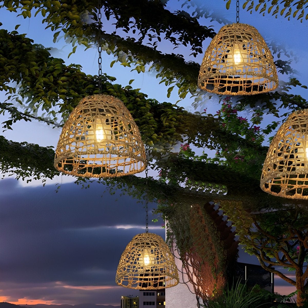 Solar Outdoor Pendant Light Waterproof, Rattan Bell Hanging Lantern - Decorative Garden Patio Lighting for Gazebo Porch Balcony